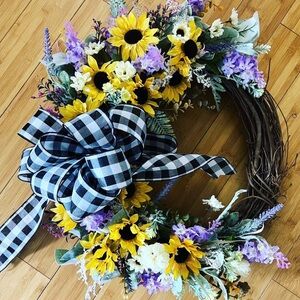 Floral Wreath with Sunflowers and Gingham Bow